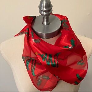 VTG Christmas Red Green Square Scarf Christmas Tree Holly Polyester 19.5in